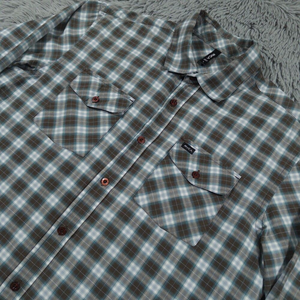 RVCA Shirt Large Blue White Button Up Plaid Double Chest Pocket Outdoor Mens